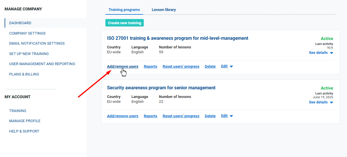Setup new training - Advisera Help Center