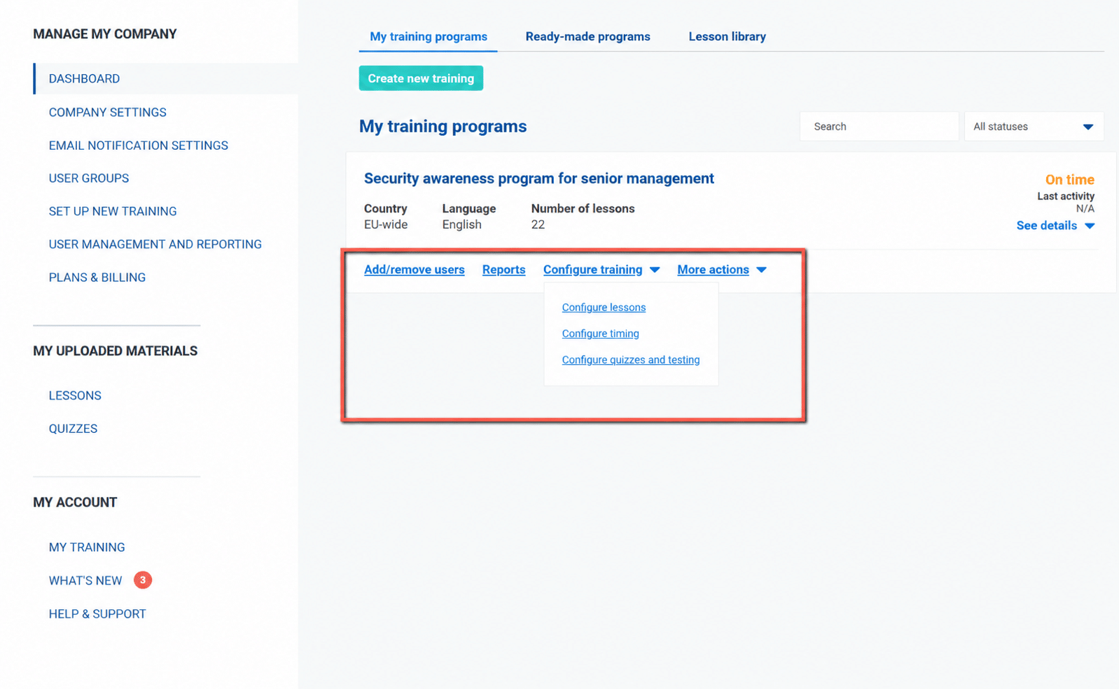 Set up new training Configure training dropdown showing lesson, timing, and quiz settings options